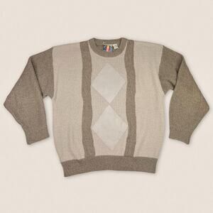 Vintage Grandpa Sweater Tan Diamond Classic Elegance - Size Large